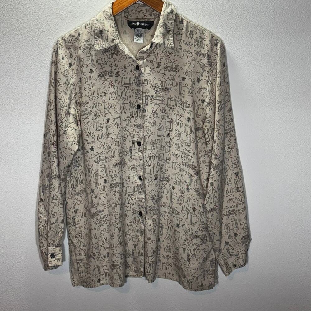 Sag Harbor Silk Blouse Size 10 Beige Abstract Print Button Front Vintage Top